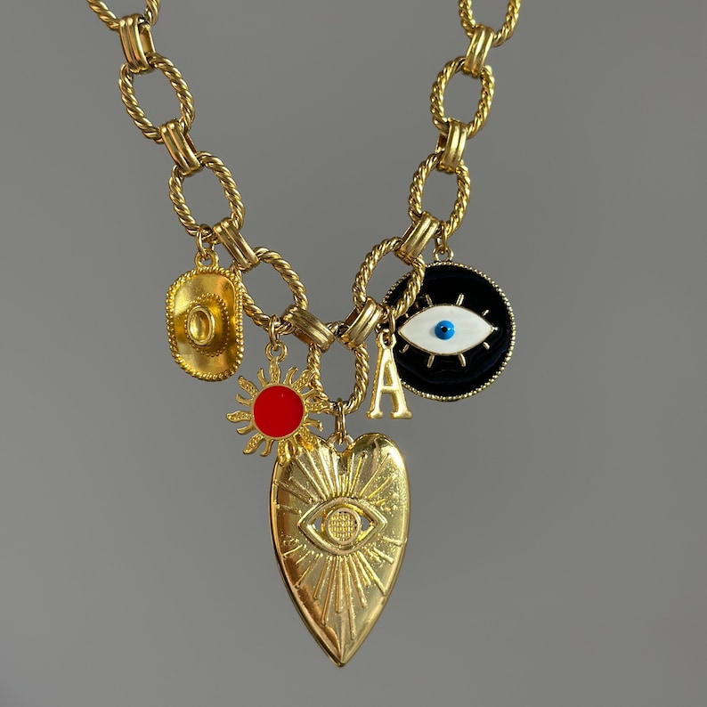 Collana con fascino grosso, collana con fascino personalizzato, gioielli con fascino vintage in oro, regalo di compleanno per lei, collana iniziale personalizzata, ciondoli a catena immagine 1