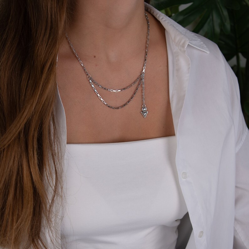 layered chain necklace, minimalist arrow silver necklace, double layer chain rock style, waterproof tarnish free jewelry, gift for women image 7