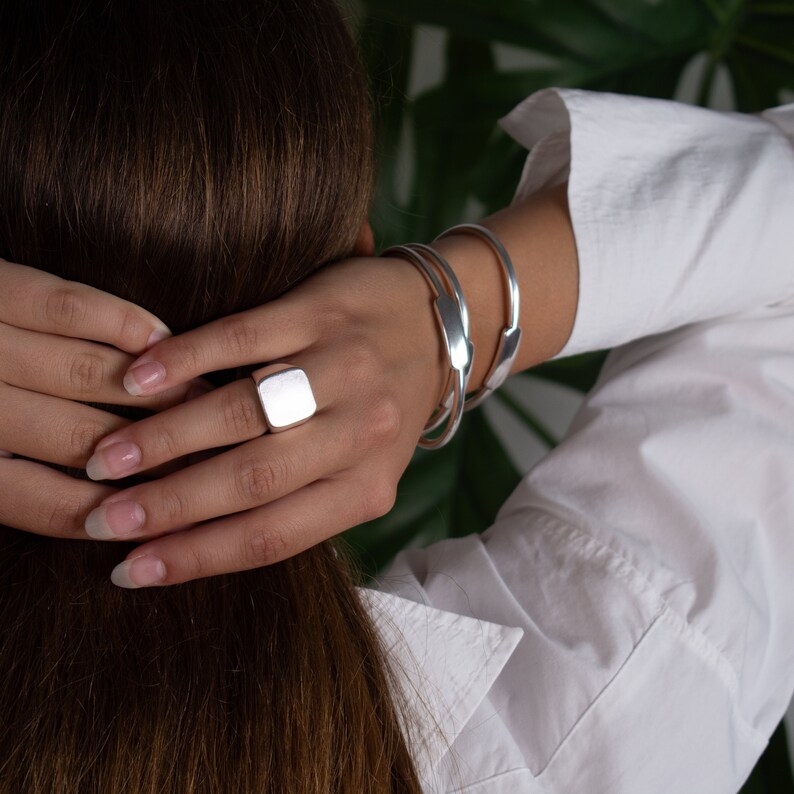 signet ring, silver signet ring women, chunky silver vintage ring, open gold statement ring, square gold ring, brutalist ring, gift for her image 1