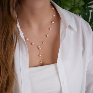 Lariat necklace, Y necklace with pearls, dainty pearl necklace, drop heart necklace, long necklace, bridesmaid necklace, waterproof necklace image 2