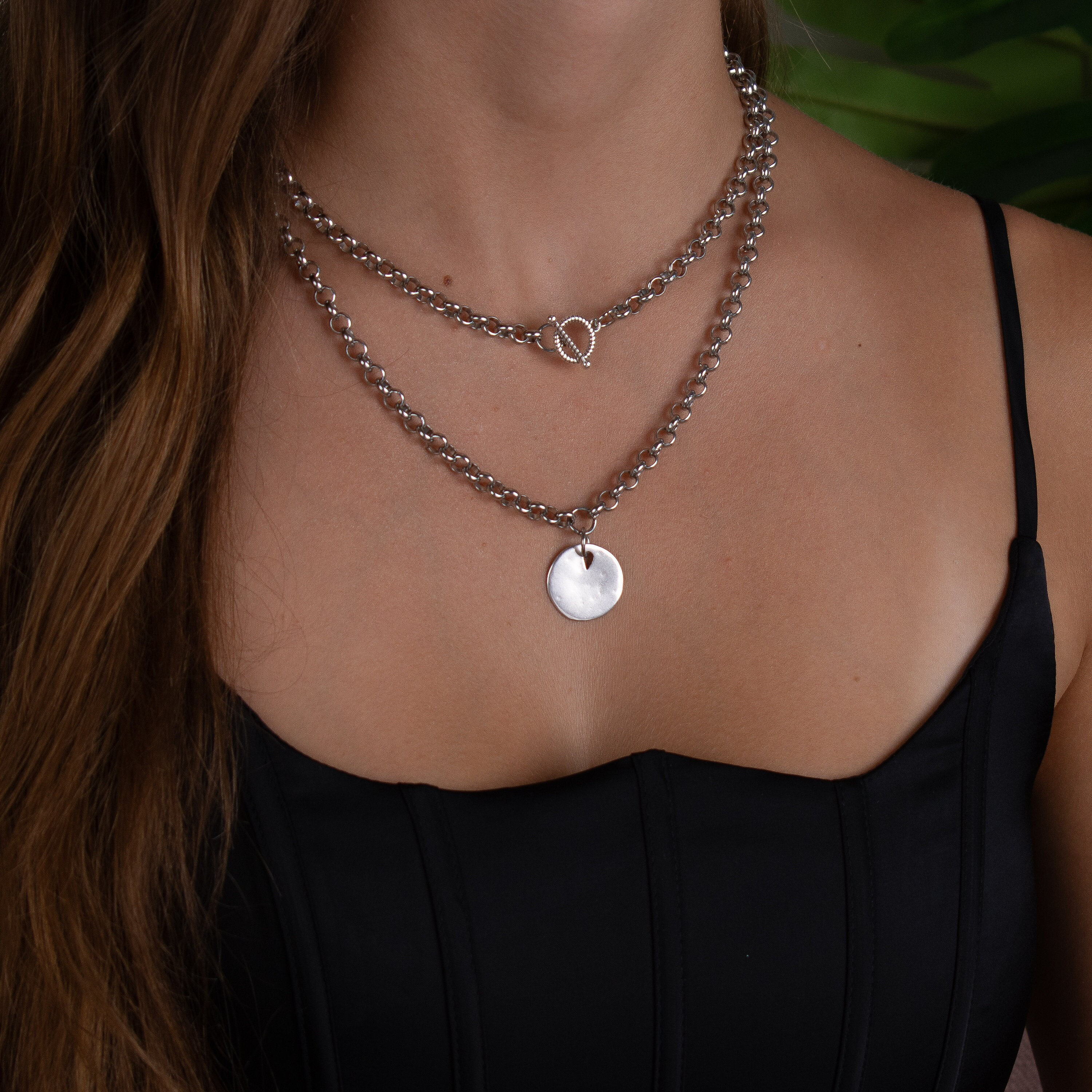 Double Chain Choker Necklace Silver Minimalist layered necklace Double Wrap Layer Choker Coin Necklace Toggle Choker with Circle Charm