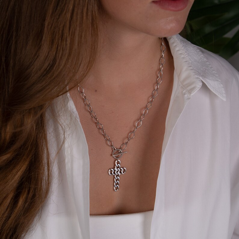 Silver Cross Necklace, Long toggle Necklace, Protection necklace, Christian Orthodox necklace, Statement Chain Necklace, Huge Cross Charm image 10