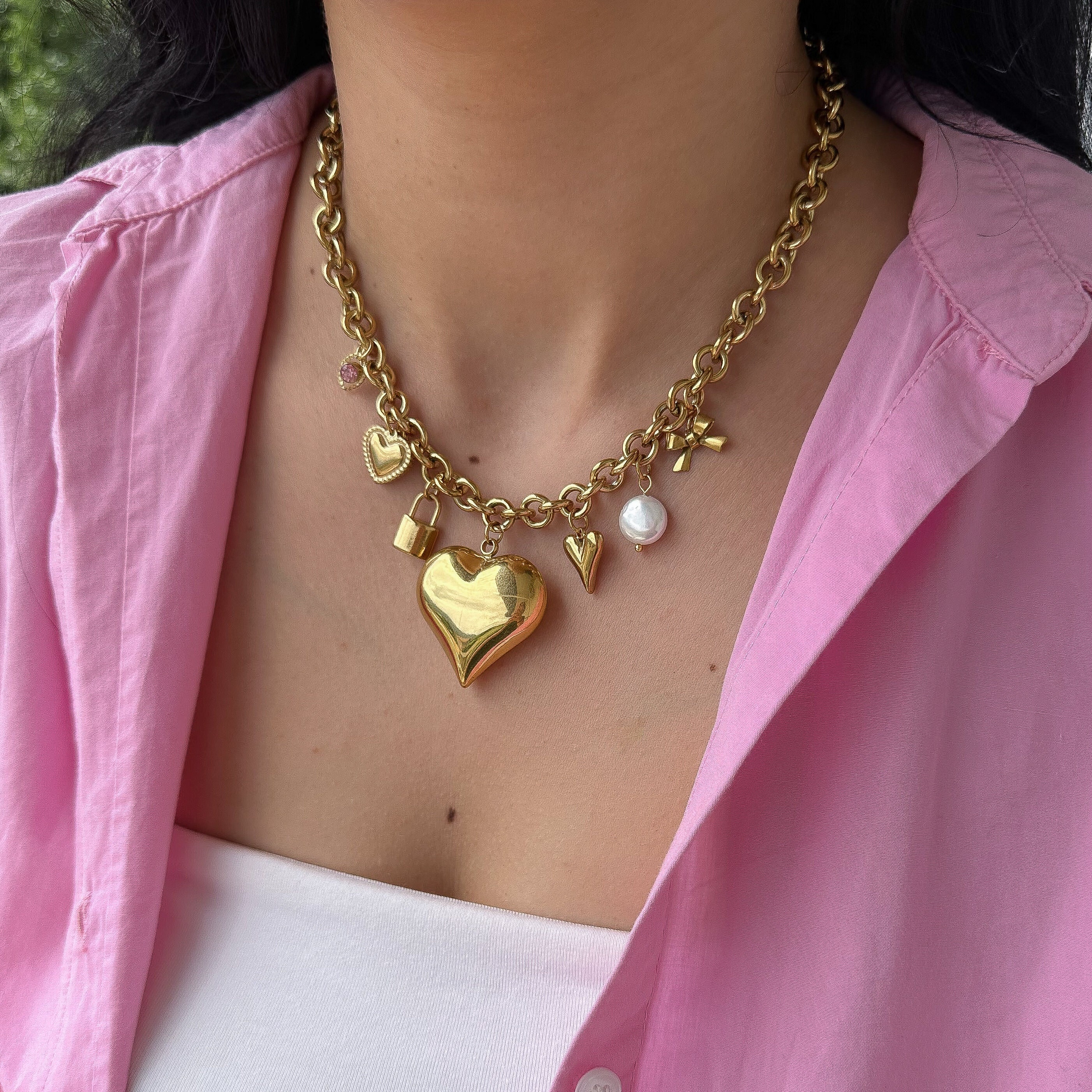 Collana Lunga Con Ciondoli Misti Donna - Vintage Con Perla E Distintivo, In Lega Dorata, Regalo Per Estate E Spiaggia