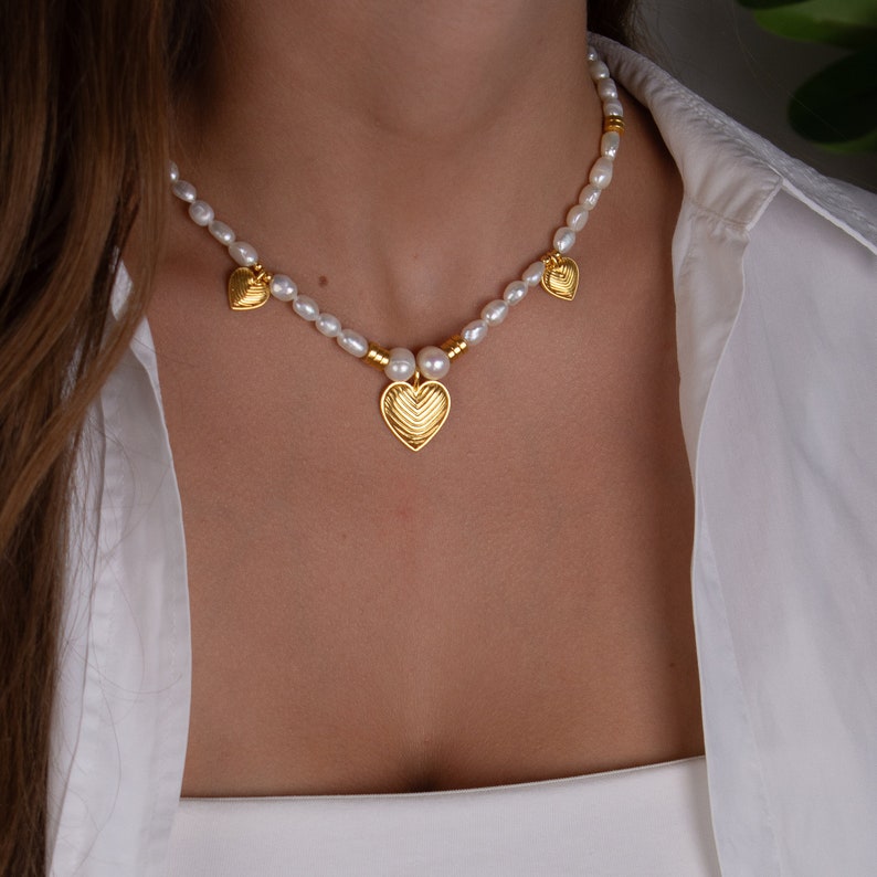 freshwater pearl necklace, heart pendant choker, handmade vintage style necklace, delicate unique necklace, real pearl gold heart necklace image 1