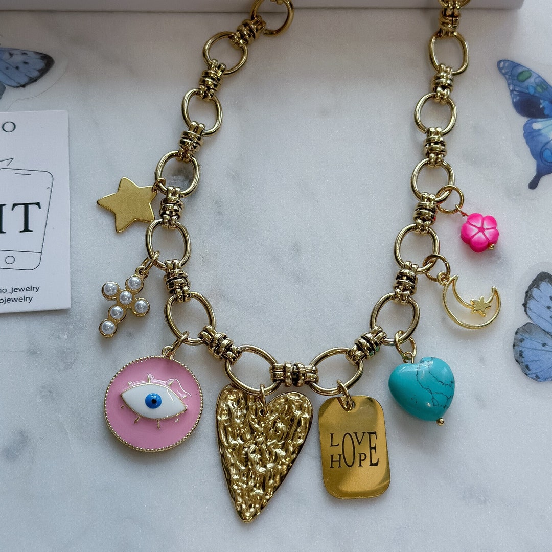 Charm Necklace, Custom Charm Necklace, Gold Charm Necklace, Chunky