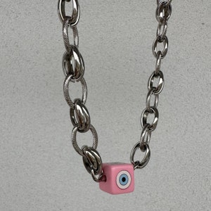 Evil Eye Necklace, Silver Chunky Chain Necklace, Pink Cube Evil Eye Pendant, Statement Necklace, Modern Necklace, Bold Thick Chain Necklace image 9