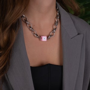 Evil Eye Necklace, Silver Chunky Chain Necklace, Pink Cube Evil Eye Pendant, Statement Necklace, Modern Necklace, Bold Thick Chain Necklace image 3