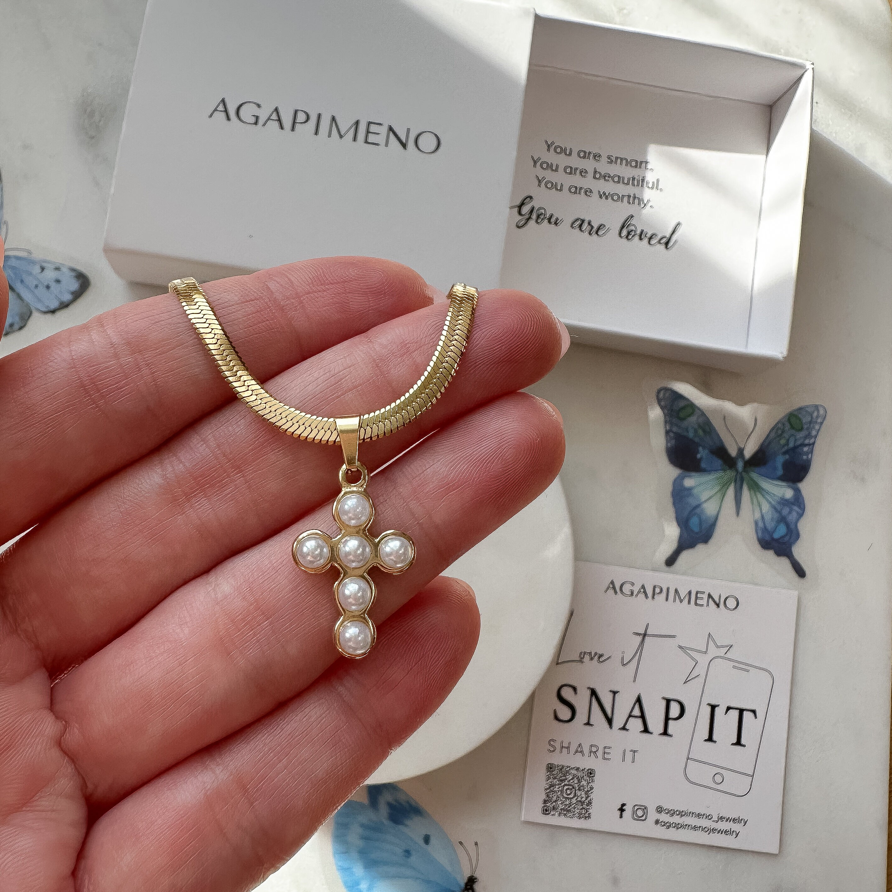 Cross Necklace With Pearls, Gold Herringbone Necklace, Chain