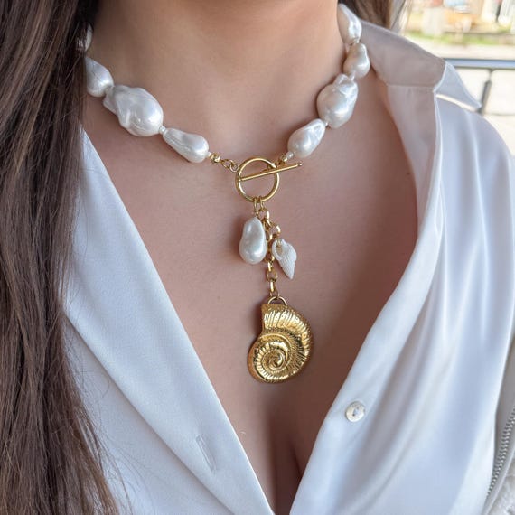 Large Nautilus Shell Necklace, Summer Chunky Pearl Necklace, Beach