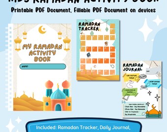 Puede incluir: Un libro de actividades de Ramadán imprimible para niños. La portada presenta una mezquita con una cúpula azul y minaretes. El libro incluye un rastreador de Ramadán, un diario diario y 30 hojas de actividades.