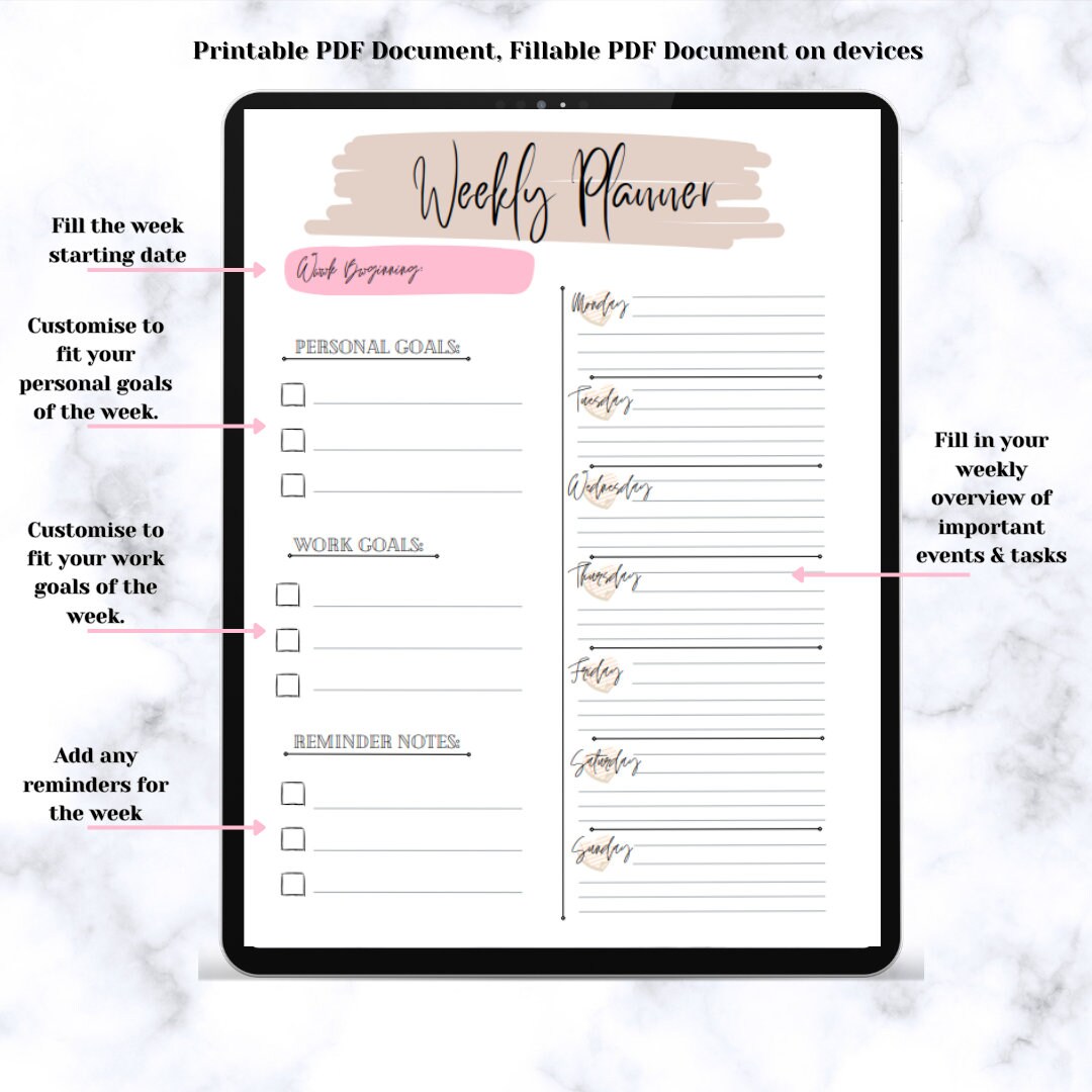 Editable Weekly Work Planner Template, Work Day Organiser, Printable ...