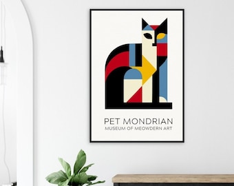 Stained Glass Cat Art, Geometric Cat Art, Piet Mondrian Inspired Wall Decor, 1 of 2 Pet Mondrian Prints