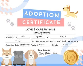 Adopt A Pet Puppy Adoption Certificate for New Dog Owners, Dog Adoption Certificate for Kids, Pet Adoption Pledge for Children