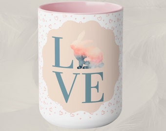 Watercolor Rabbit Love Pink Ceramic Rabbit Coffee Mugs: Unique gift on Valentines Day, Mothers Day, or Easter Basket Stuffer