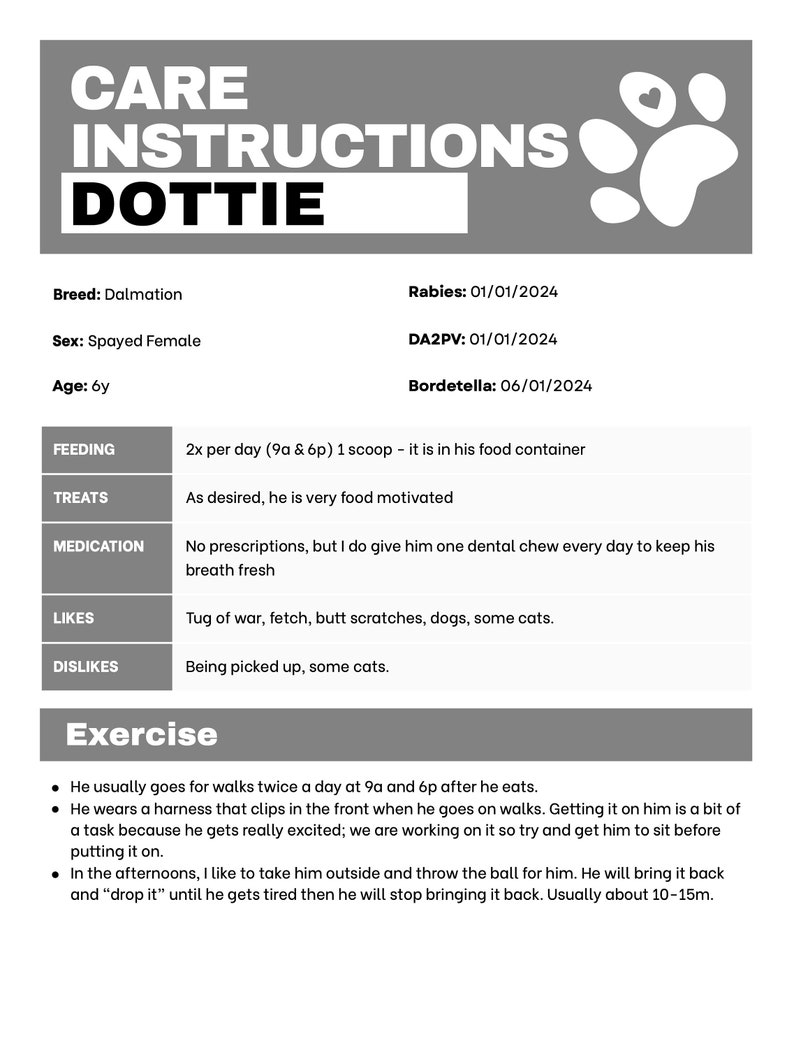 Dog Sitter Pet Care Guide Pet Care Instructions Form for Pet Sitters