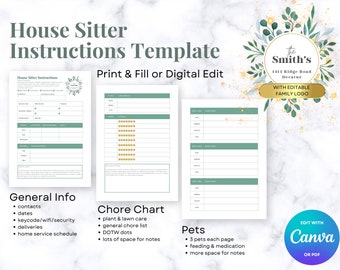 Trip Planner: House Sitter Schedule Template, Printable House Sitter PDF, Pet Care Instructions and Weekly Chore Chart