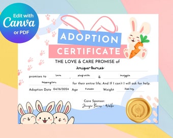 Adopt A Pet Bunny Adoption Certificate, Easter Rabbit Adoption for Children, New Bunny Mom