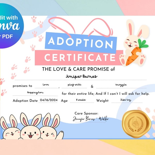 Adopt A Pet Bunny Adoption Zertifikat, Osterkaninchen Adoption für Kinder, New Bunny Mom