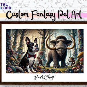 Custom Fantasy Pet Art, Personalized Portrait of a Pet in a Fantasy Dreamscape you Describe, Custom Commissioned Wall Art, Custom Desktop BG image 1