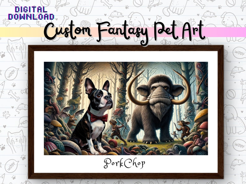 Custom Fantasy Pet Art, Personalized Portrait of a Pet in a Fantasy Dreamscape you Describe, Custom Commissioned Wall Art, Custom Desktop BG image 1