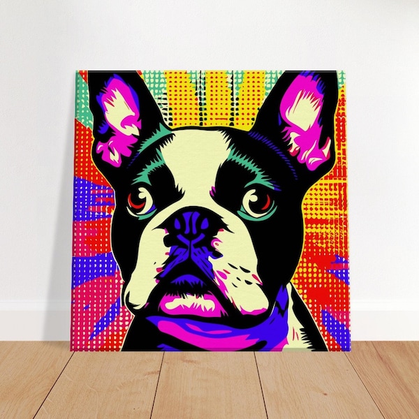 Vibrant Comic Style Dog Art Canvas | Boston Terrier Pop Art Masterpiece | Multiple Sizes & Andy Warhol Vibe