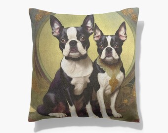 Boston Terrier Art Nouveau Stuffed Pillows, Woven Antique Tapestry Fabric