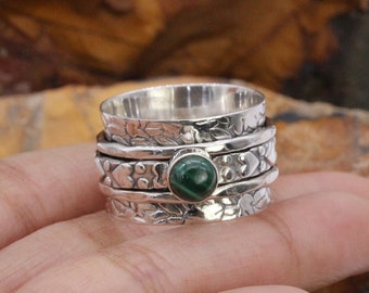 925 Sterling Silver Malachite Gemstone Hand Crafted Ring/ Gemstone ring/ Round Malachite/ Spinner Ring / Women/Men/Unisex/Custom Size UK H-Z