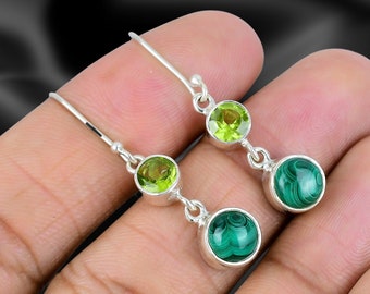 Solid 925 Sterling Silver Earrings,Drop Dangle Earrings, Malachite & Peridot Gemstone Earrings ,Women's Daily wear Earrings Jewellery.