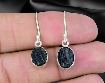 Solid 925 Sterling Silver Earrings, Black Tourmaline Gemstone Earrings ,Oval Shape Dangle Earrings, Everyday Wear Earrings , Gift For Her .