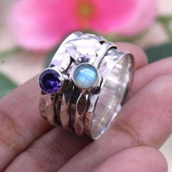 925 Sterling Silver Amethyst Moonstone Spinner Hand Crafted Ring/ Gemstone ring/ Meditation ring/ / Women/Men/Unisex/Custom Size UK J to Z