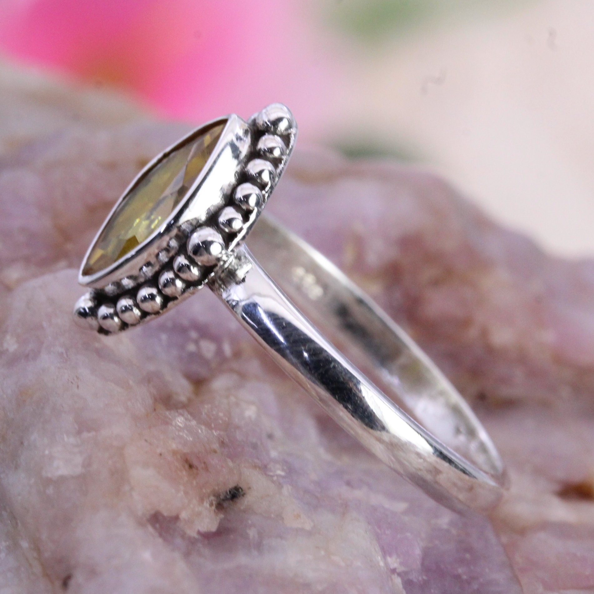 Bague Ancienne En Argent Massif Avec énorme Citrine Naturelle Marquise - Taille 54, Pièce Unique