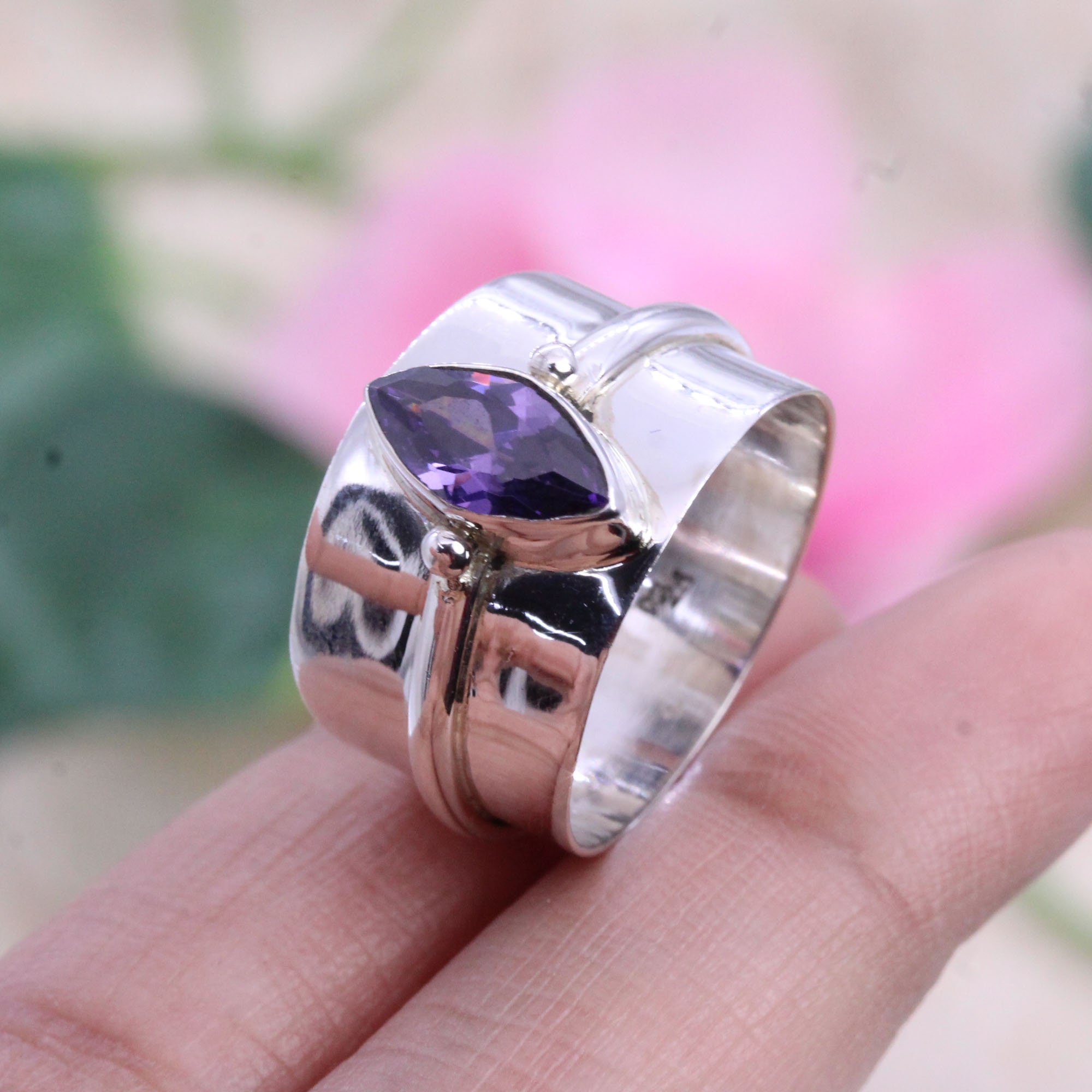 Amethyst Marquise Gemstone Sterling Silver Ring - Adjustable Handmade 925 Silver Ring, Size 5-13 - View #8