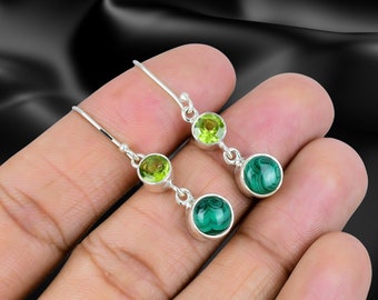 Solid 925 Sterling Silver Earrings,Drop Dangle Earrings, Malachite & Peridot Gemstone Earrings ,Women's Daily wear Earrings Jewellery.