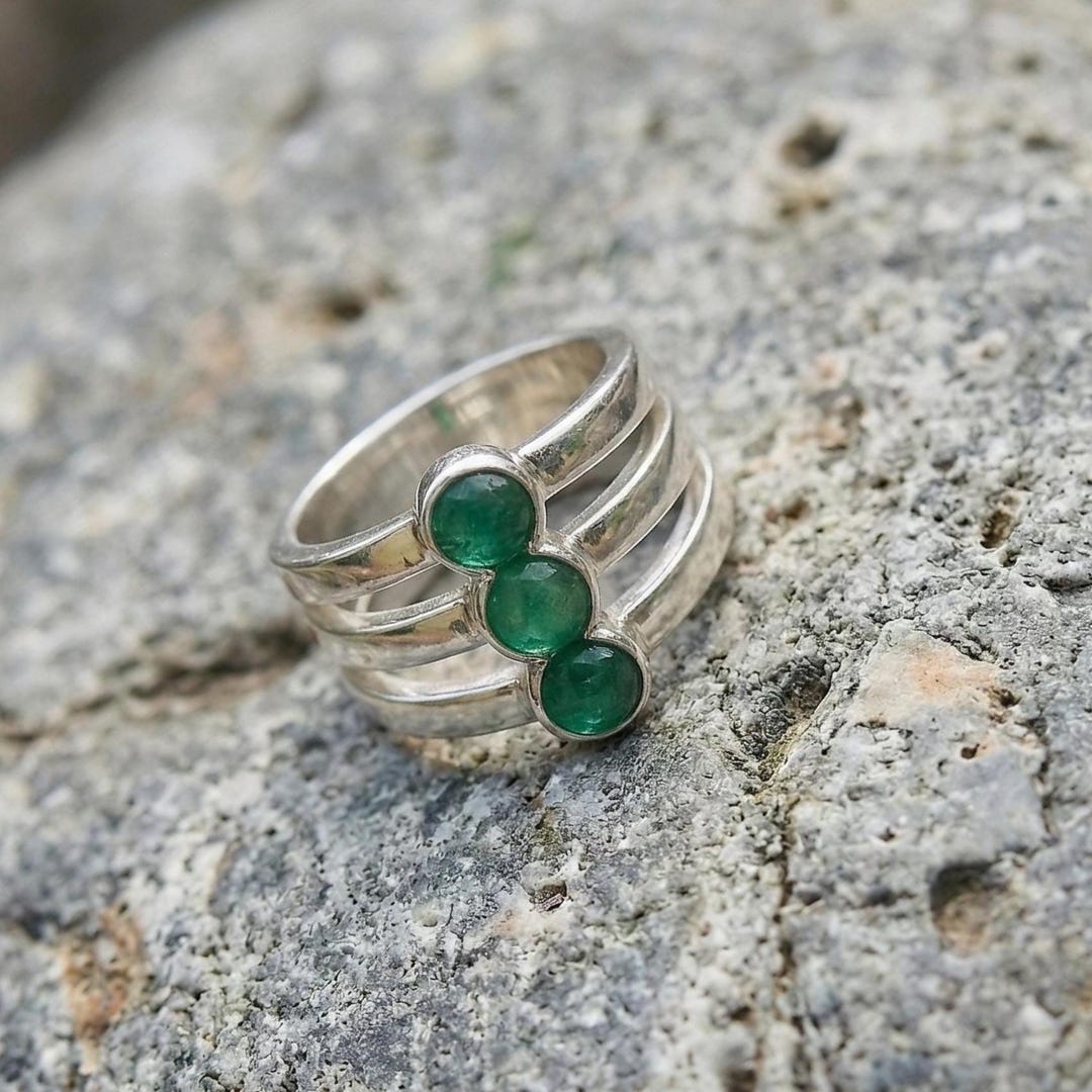 Emerald Rrr Triple Emerald Ring • Three Stone Boho Statement Ring • Green Gemstone ...