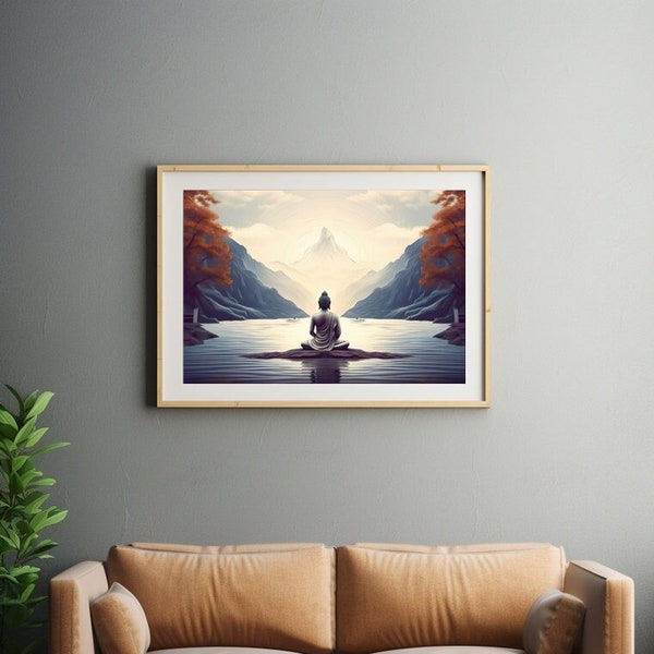 Poster buddha, moine format paysage. Affiche zen et asiatique sans cadre. Yoga et méditation.