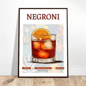 Póster moderno de cóctel negroni. Hermoso cartel de cóctel rojo. Receta de Negroni en francés. Decoración para cocina y bar, sin marco.
