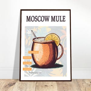 Póster del cóctel Moscow Mule. Afiche con receta de Moscow Mule. Ilustración de cóctel de jengibre. Decoración de pared para cocina y bar.