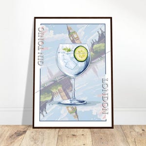 Cartel azul de Londres y Big Ben. Afiche de cóctel Gin Tonic. Decoración de pared azul Inglaterra, bebida, ginebra. Destino impreso sin marco