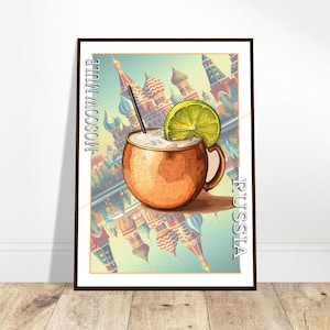Poster Moscow Mule et Russie. Affiche cocktail russe. Imprimé de Moscou, Kremlin. Décoration murale destination, symétrique. sans cadre.