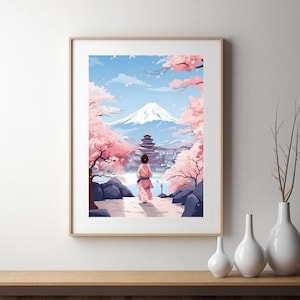 Poster met Japanse geisha en kersenboom in pastelkleuren en een vleugje roze. Studio Ghibli en poster van Mount Fuji. Ghibli inspiratie, frameloos.