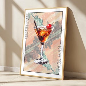 Cartel de cóctel Manhattan. Cartel de Nueva York y la Estatua de la Libertad. Impresión de cóctel de whisky, rojo, copa de cóctel, sin marco