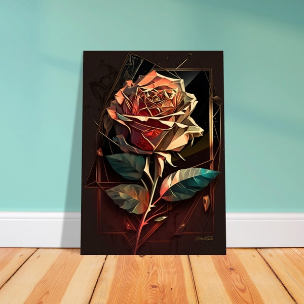 Poster rose abstraite et géométrique. Affiche fleur rose dorée. Décoration florale sans cadre pour chambre et salon. Inspiration Gatsby