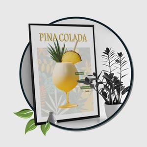 Poster cocktail Pina Colada. Affiche cocktail blanc, coco et ananas. Cocktail d'été, décoration de bar et cuisine. Recette cocktail fr.
