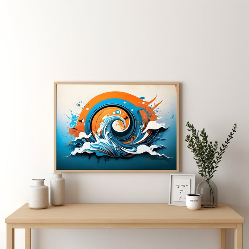 Cobalt Blue and Orange Tiered Block Print with Wave Line Texture and Geometric Stair-Step Motif main image 1