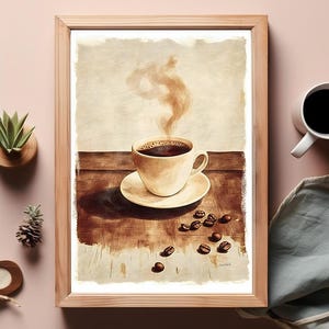 Minimalist coffee cup poster in earthy colors. Vintage Italian espresso coffee print, coffee beans illustration, unframed.