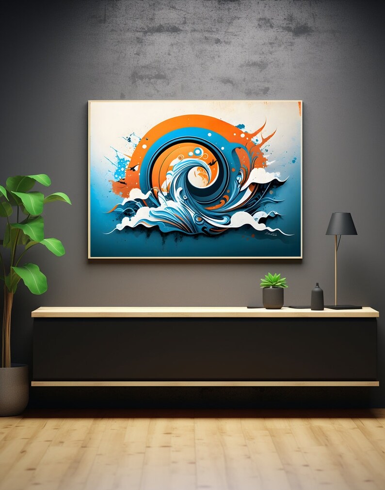 Cobalt Blue and Orange Tiered Block Print with Wave Line Texture and Geometric Stair-Step Motif main image 0