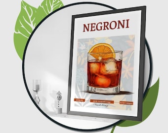 Modern Negroni Cocktail Poster. Negroni Recipe print. Beautiful Italian red cocktail poster. Kitchen and Bar Decoration, Unframed.