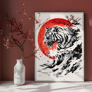 Belle affiche vague hokusai, tigre et cerisier. Poster asiatique noir et blanc devant un soleil levant rouge. Décoration murale japonaise.