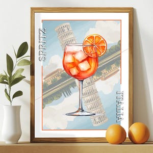 Affiche cocktail Aperol Spritz. Poster Tour de Pise Italie. Imprimé cocktail et destination style carte de poker. Décoration pour cuisine.