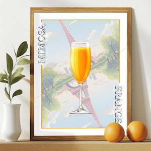 Manifesto di cocktail a base di champagne. Manifesto Parigi e Torre Eiffel, Francia.  Poster del cocktail Mimosa all'arancia. Decorazione murale francese, senza cornice.